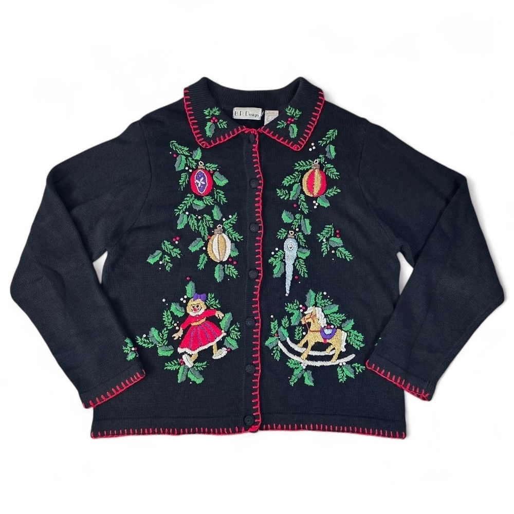 Vintage B.P. Design Christmas Embroidered Beaded Button Cardigan Sweater Wmn L